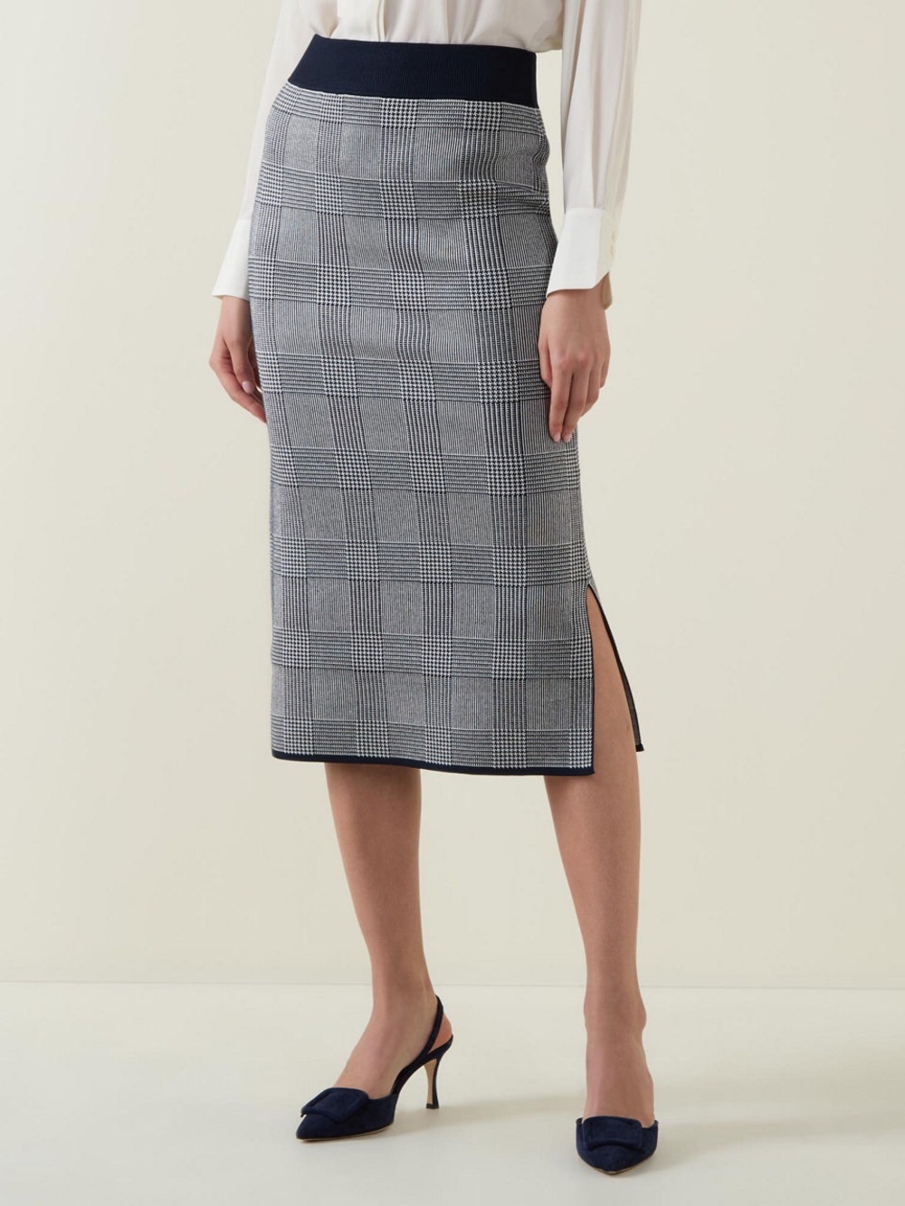 Hugo Boss Navy-Trim Gray Glen Plaid Midi Skirt with Side Slit